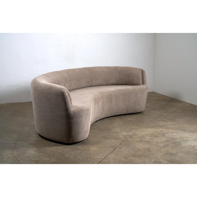 Gold Curved Crescent Sofa in Textured Taupe Fabric For Sale - Image 8 of 11