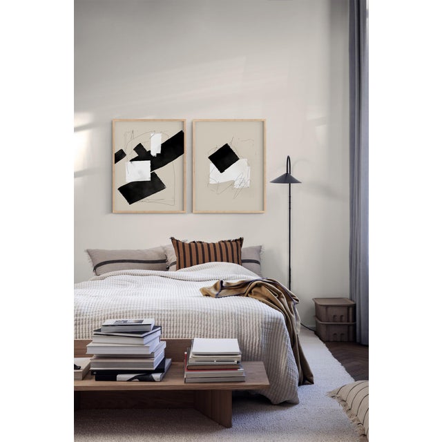 Set of 2 abstract open edition giclee prints. 20"x28" Elegant black and white lines and forms drawing on beige background....