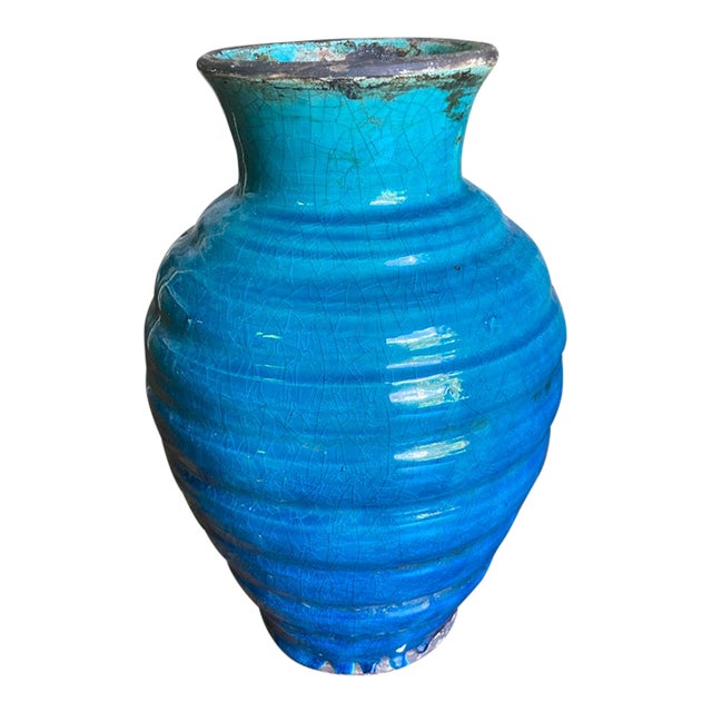 1990s Mediterranean Style Blue Crackle Glazed Vase With Glossy Finish For Sale
