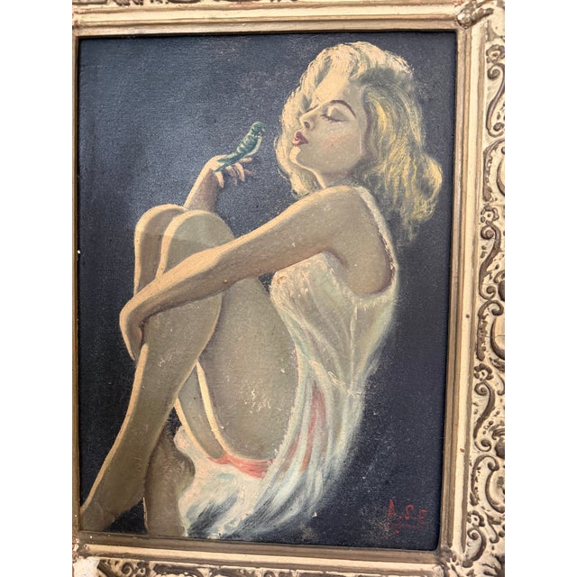 Mid-Century Modern MCM Oil Painting, Beauty W Bird, 17.5x21 W Frame For Sale - Image 3 of 5