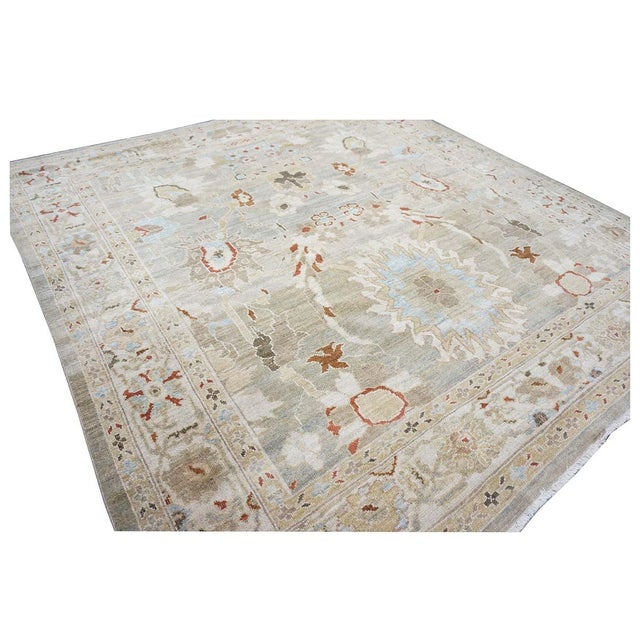 Persian Sultanabad Wool 8x8 Square Tan, Blue, & Ivory Handmade Area Rug #1143023 For Sale - Image 4 of 10