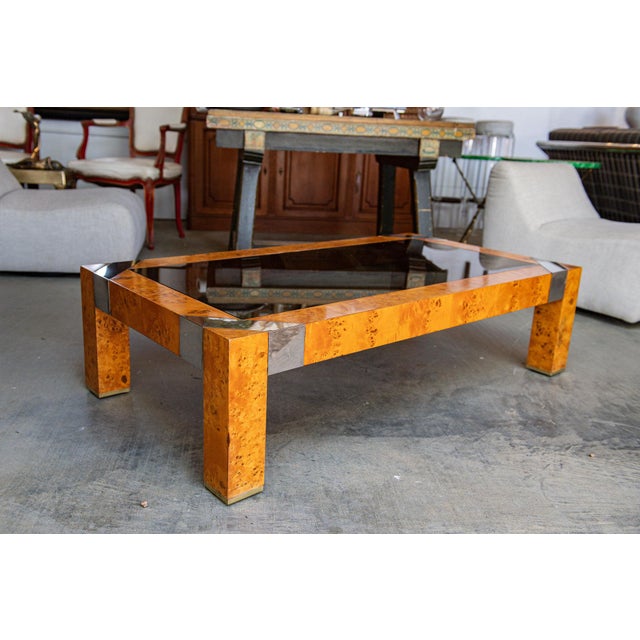 1970s Burl & Smoke Glass Coffee Table With Chrome Trim in the Style of Milo Baughman For Sale - Image 17 of 18