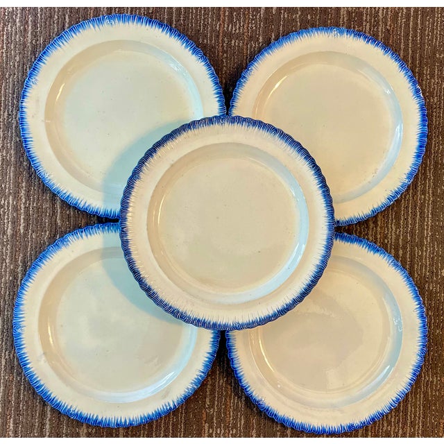 Antique Early 19th Century English Georgian Pearlware Creamware Blue Feather or Shell Edge Dinner Plates - Set of 5 For Sale - Image 10 of 16