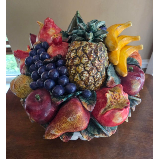 Late 20th Century Majolica Fruits in Basket Porcelain Sculpture For Sale - Image 5 of 13