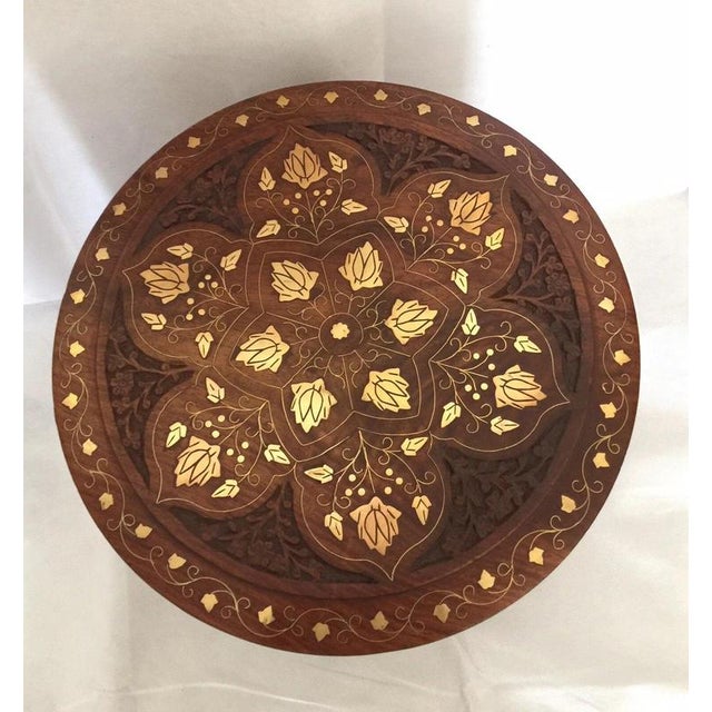Indian Rosewood Carved Side Table with Brass and Copper Floral Inlay For Sale - Image 4 of 5