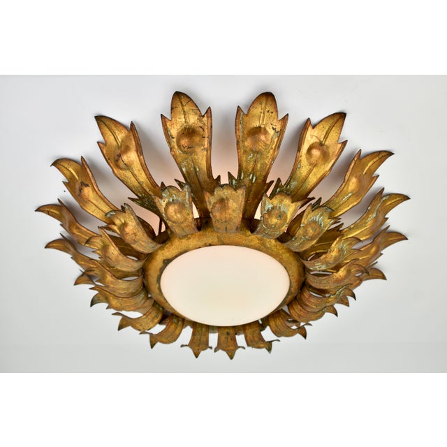 1950s Mid Century Gilded Spanish Sunburst Flush Mount With Green Patina For Sale - Image 11 of 13