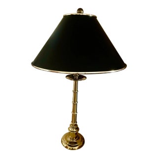Vintage Hollywood Regency Faux Bamboo Polished Brass Table Lamp With Black Tole Shade | Stiffel Style | 32” For Sale