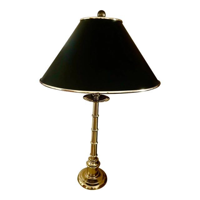 Vintage Hollywood Regency Faux Bamboo Polished Brass Table Lamp With Black Tole Shade | Stiffel Style | 32” For Sale