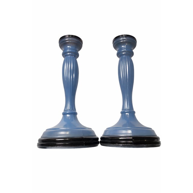 Art Deco .Vintage 1930s Periwinkle Blue Depression Glass Candlestick Holders – Elegant Pair For Sale - Image 3 of 8