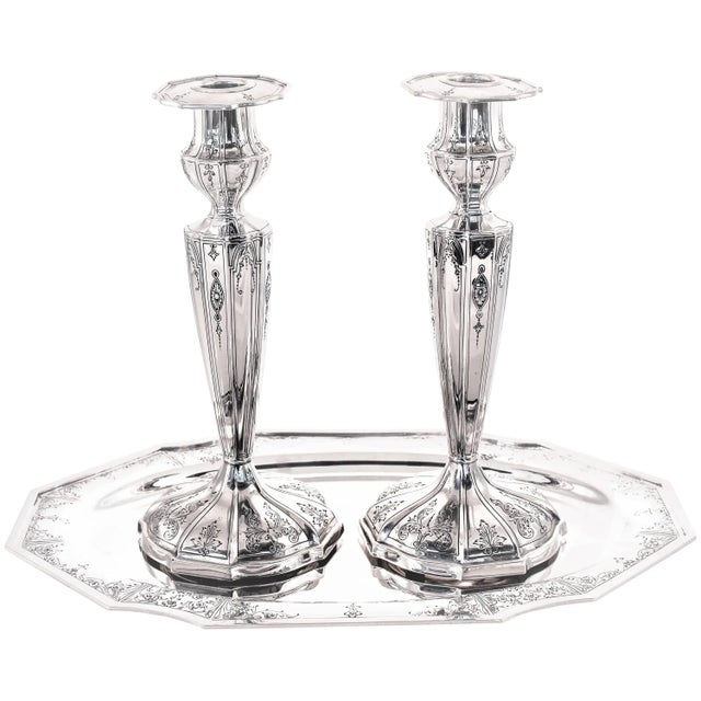 Silver Sterling Candlesticks With Matching Tray For Sale - Image 8 of 8