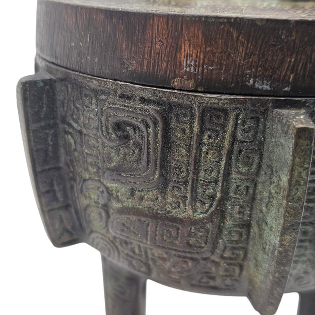 Vintage Chinese Archaistic Brass Ding-Form Tripod Incense Burner With Lid (6.5") For Sale - Image 15 of 15