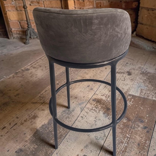 Animal Skin 4 Restoration Hardware Rh Thaddeus Italian Truffle Veneto Leather Swivel Barstools For Sale - Image 7 of 9