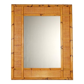 Vintage Mirror with Bamboo and Wicker Frame, 1980s For Sale