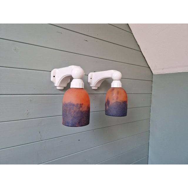 Art Deco Wall Sconces in Porcelain and Multicoloured Satin Glass, 1930s, Set of 2 For Sale - Image 16 of 18