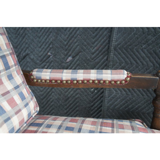 Wood Late 20th Century 2 French Country Walnut Plaid Fauteuil Nailhead Ladderback Club Lounge Armchairs For Sale - Image 7 of 12