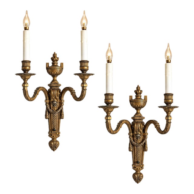 Antique French Louis XVI Style Twin-Light Wall Sconces - Gilt Bronze Ormolu Neoclassical Double Arm Wall Lights, Late 19th Century - Pair For Sale