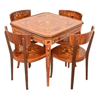Italian Louis XVI Kingwood Inlaid Marquetry Flip Top Game Table With Four Chairs For Sale