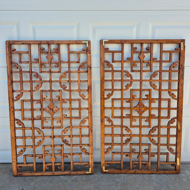 Antique Chinese Open Fretwork Lattice Large Window Screens Decorative Wall Panels, a Pair For Sale - Image 11 of 15