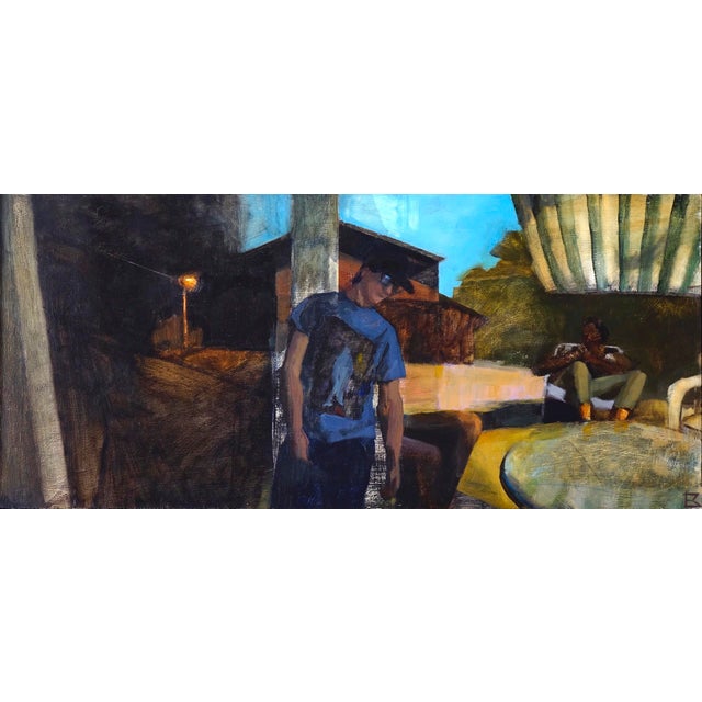 Before by Emma Kalff | Oil on panel depicting a figure standing near a table in a dimly lit setting. For Sale