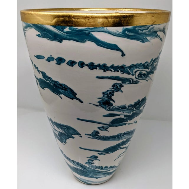 Italian European Oversized Teal Swirl Ceramic Vase With Gold Rim For Sale - Image 4 of 7