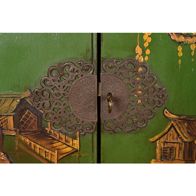 Wood Antique Chinoiserie Jacobean Green Lacquered Hand Painted Bookcase or Bar Cabinet, Circa 1920s For Sale - Image 7 of 14