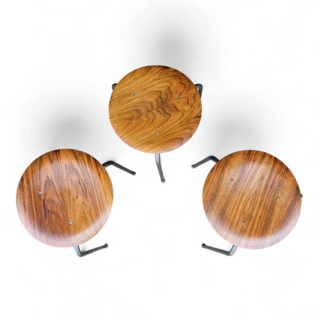 1950s Mid Century Arne Jacobsen “Dot” Stools — First‑Run 1950s Teak + Steel — Set of 3 by Fritz Hansen For Sale - Image 5 of 18