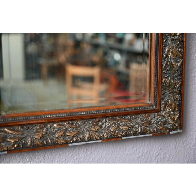 Gold Antique Bohemian Mirror in Embossed Metal Frame with Oak Leaves, 1950s For Sale - Image 8 of 10
