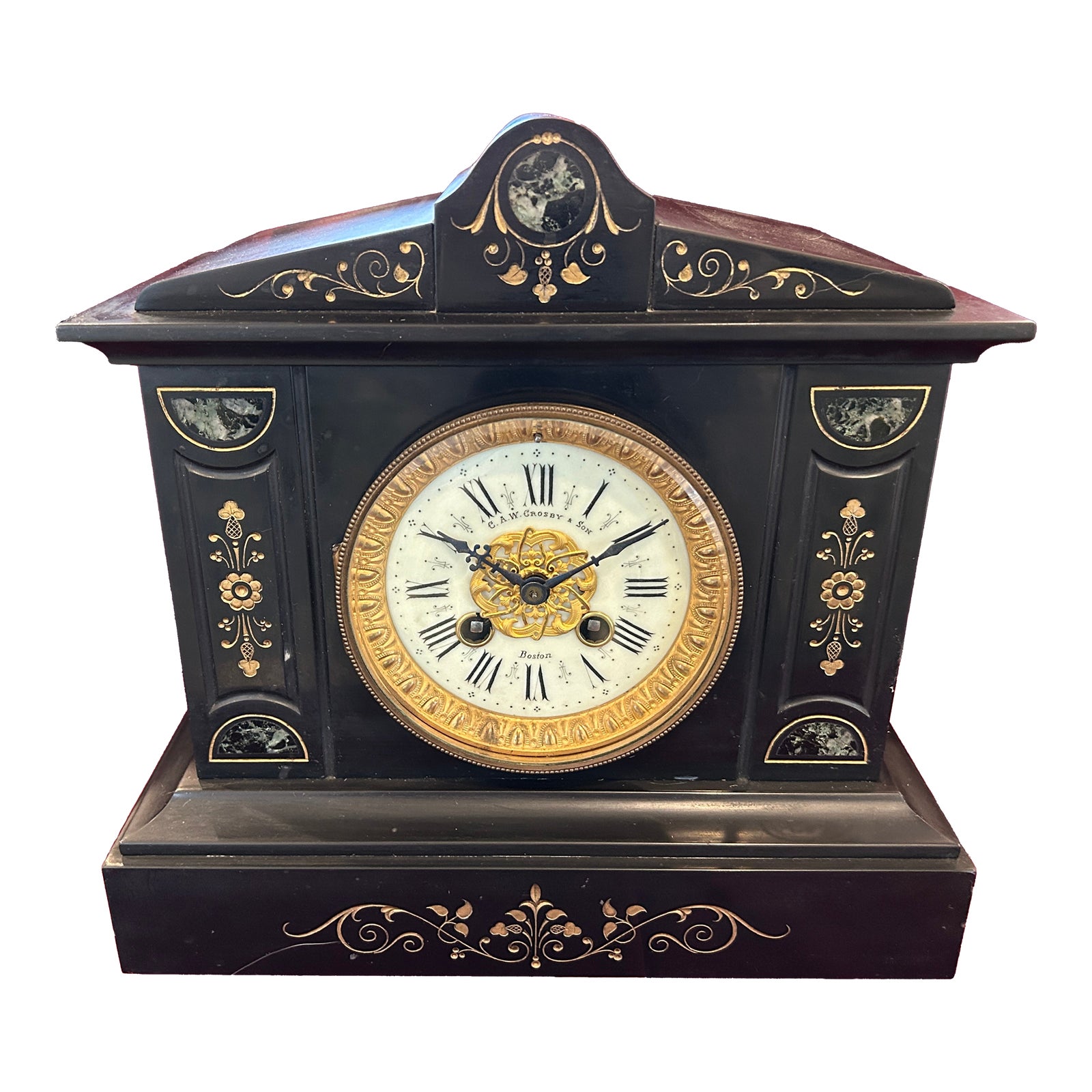 Late 19th Century French "Gilded Age" Slate Mantel Clock With Elaborate Gold Gilding