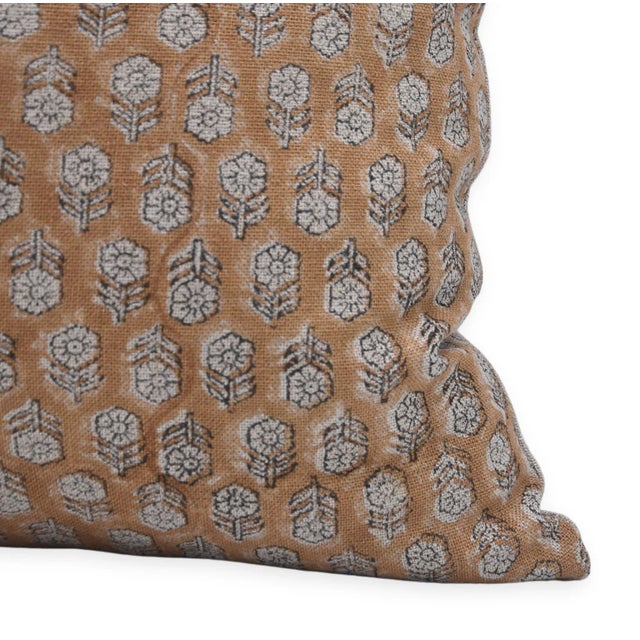 Block Printed Thick Linen Throw Pillow Cover 24x24 Inch- Tulsi Buti For Sale - Image 4 of 5