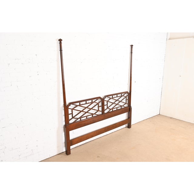 Baker Furniture Company Baker Furniture Chinese Chippendale Carved Cherry Wood King Size Poster Headboard For Sale - Image 4 of 9