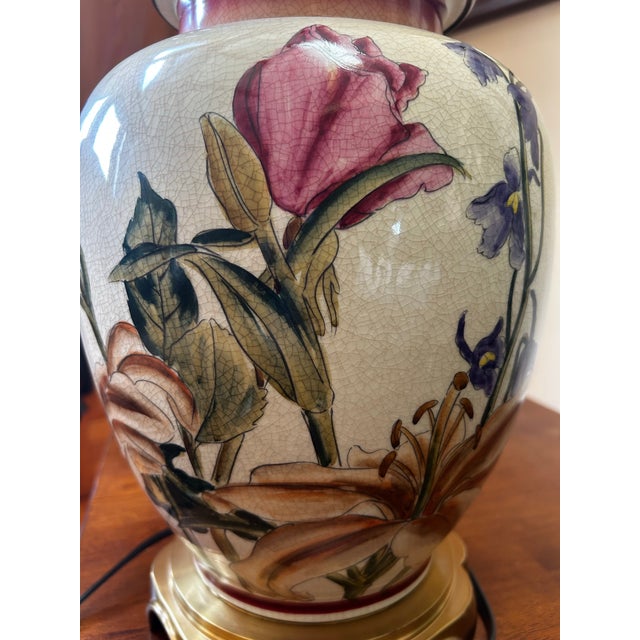1980s Wildwood Large Floral Crackled Hand Painted Ceramic Table Lamp For Sale - Image 11 of 12