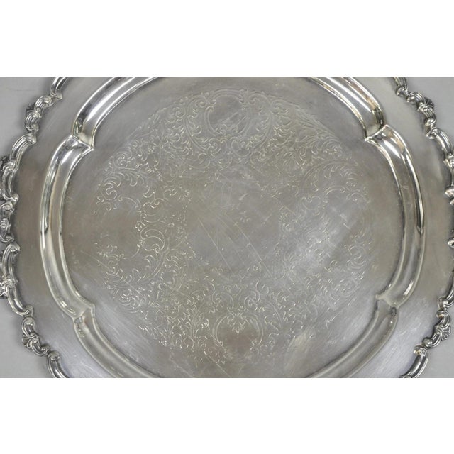 Mid 20th Century Vintage English Victorian Silver Plated Round Serving Platter Bar Tray With Handles For Sale - Image 5 of 11