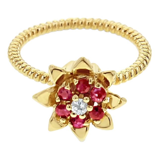 Tall Ruby Tulip Ring 14k Yellow Gold, Size 5.75 For Sale