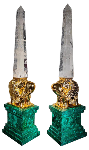 Monumental Malachite Obelisks in Malachite Quartz and Gilt Bronze, 1950, Set of 2