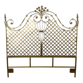 Vintage Hollywood Regency Gilt Metal Trellis Headboard-Queen For Sale