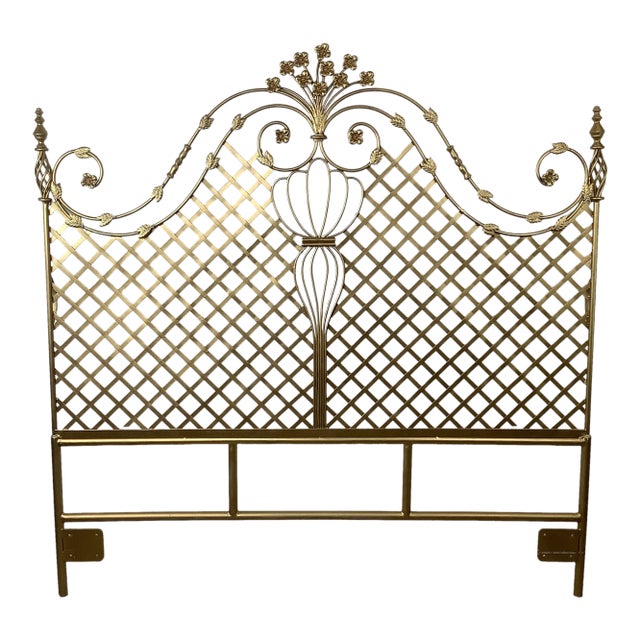 Vintage Hollywood Regency Gilt Metal Trellis Headboard-Queen For Sale