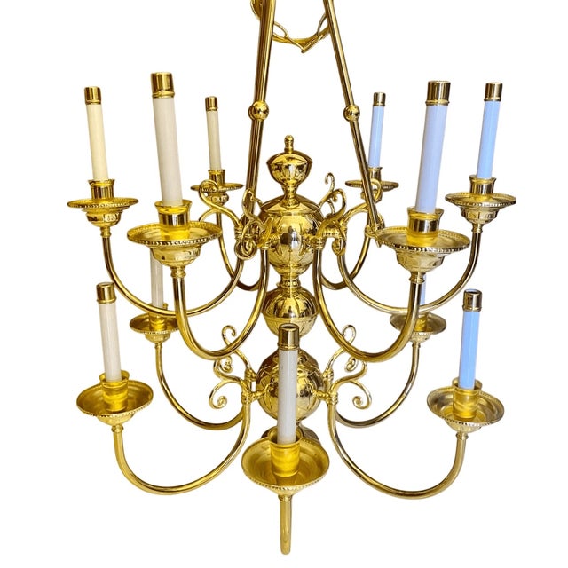 Vintage Thomas Industries 3-Tier 10 Light Williamsburg Style Chandelier 28” across 38” tall 18” chain brass plated