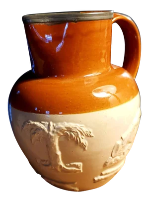Antique Late 19th Century Victorian Denby Doulton Salt Glazed Stoneware Jug with Raised Hunting Scenes