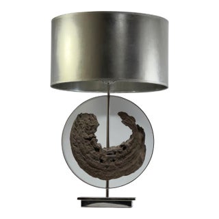 Vintage Revelation by Uttermost Driftwood and Polished Nickel Lamp + Massive Custom Silver-Leaf Drum Shade For Sale