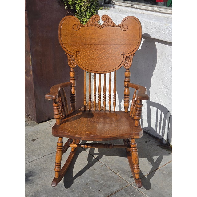 Chestnut 1890s Antique Oak Victorian Rocking Chair Larger Seat For Sale - Image 8 of 12