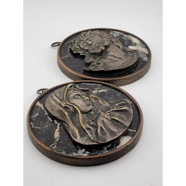 Rare One Of Kind Antique Jesus & Mary Wall Hanging Bronze & Green Marble Plaques For Sale - Image 11 of 12