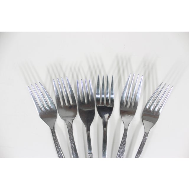 1960s Curated Set of 6 Mid Century Modern Stainless Steel Dinner Forks, Mismatched For Sale - Image 6 of 10