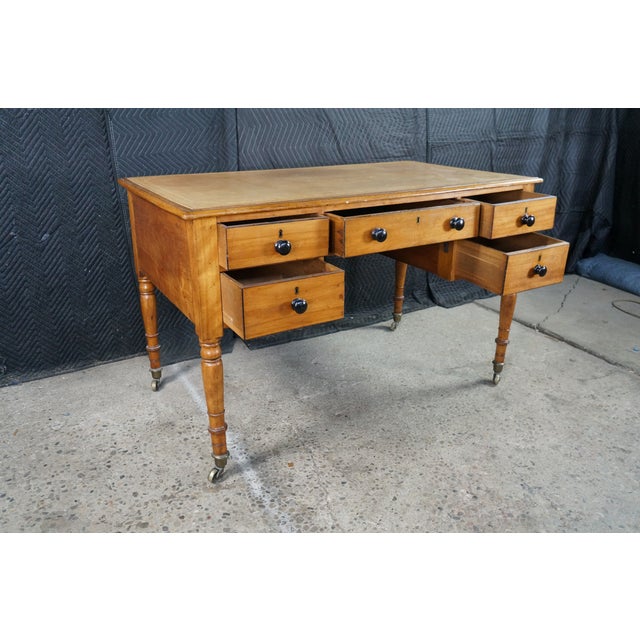 Antique 19th C. English Regency Maple & Oak Tooled Leather Top Partner's Desk For Sale - Image 9 of 18