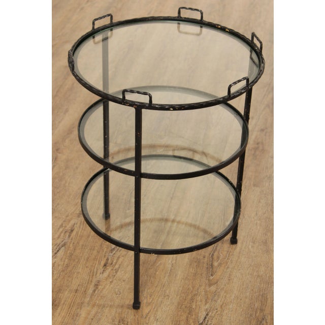 Rustic Mid Century Modern Wrought Iron & Glass Tiered Round Side Table For Sale - Image 3 of 13