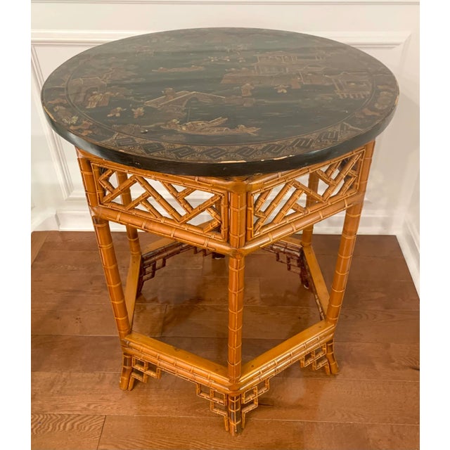 Early 20th Century Black Lacquered Chinoiserie Fretwork Rattan Table For Sale - Image 5 of 10