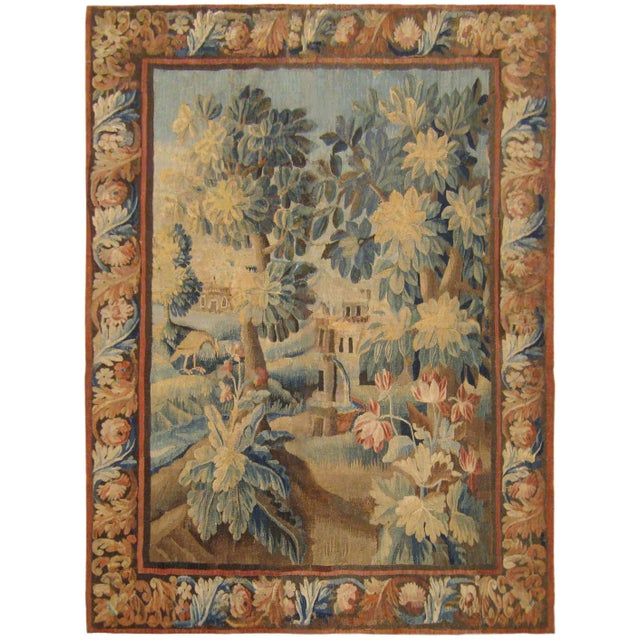 Green 17th Century Flemish Verdure Landscape Tapestry With Trees, Bushes & Flowers For Sale - Image 8 of 8