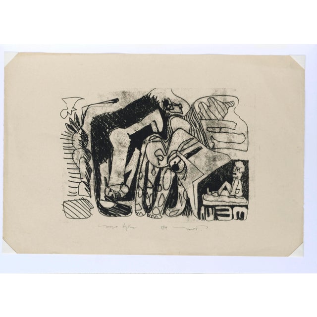 Abstract figurative lithograph with a lively jumble of abstracted animal and figurative forms by Michael William Eggleston...