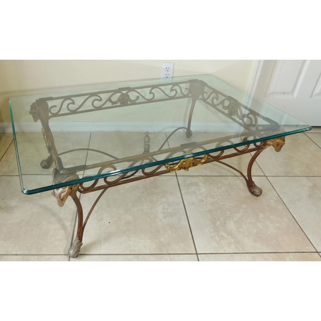 1980s Vintage Neoclassical Wrought Iron Sculptural Ram's Head Thick Glass Top Coffee Table For Sale - Image 5 of 13