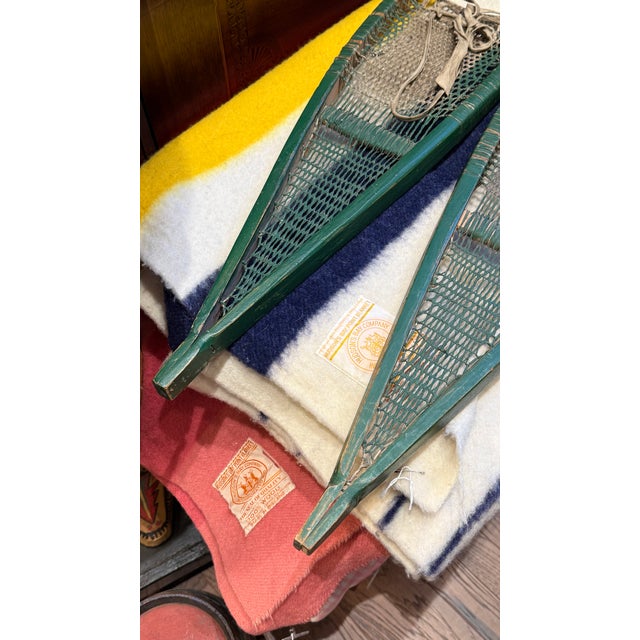 Antique Early 20th Century Cree Snowshoes With Babiche Lacing Green Paint For Sale - Image 6 of 11
