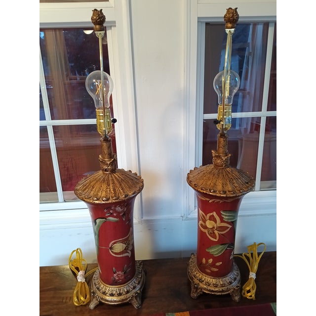Red Vintage Red & Gold Hand‑Painted - a Pair For Sale - Image 8 of 8
